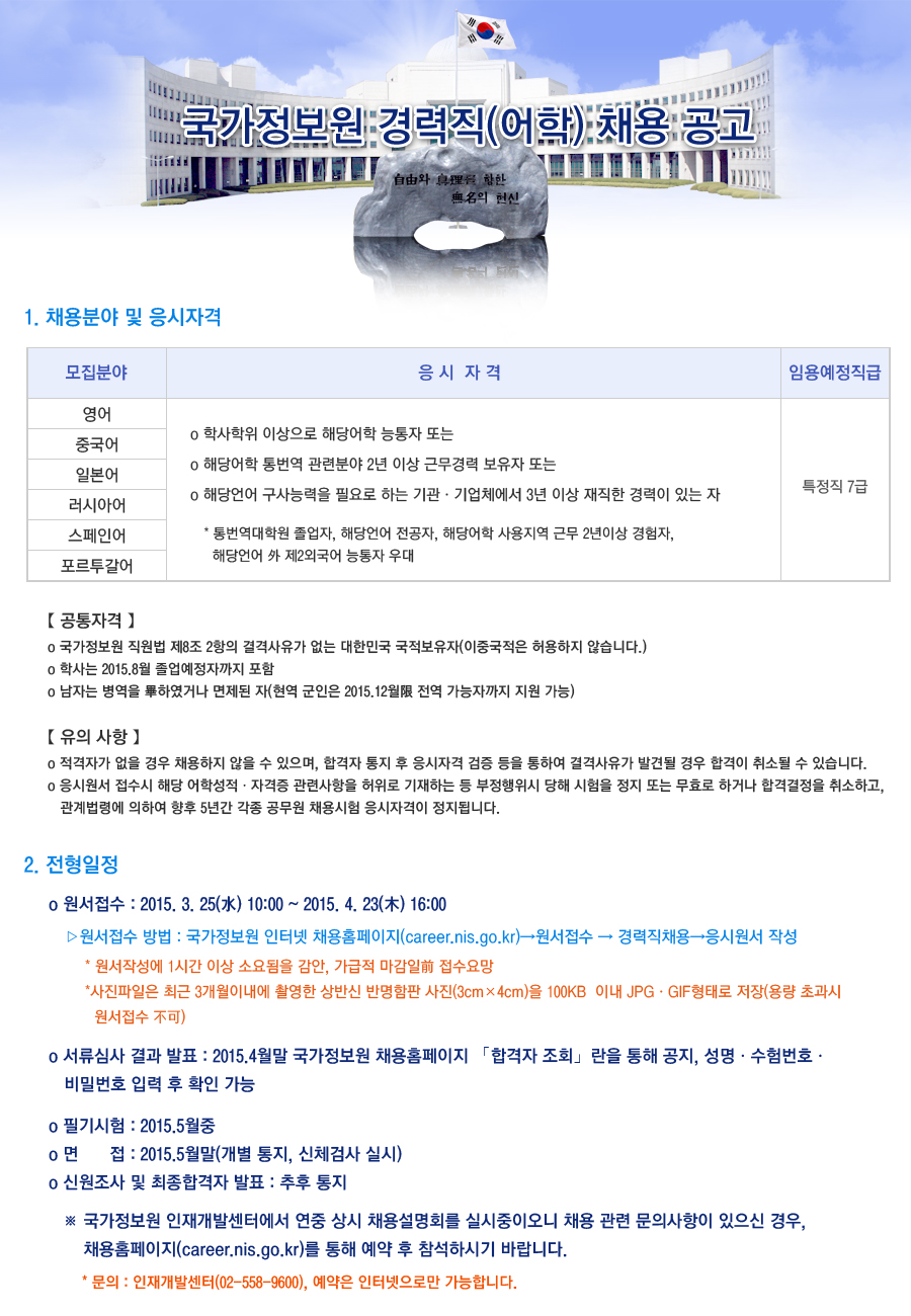 국가정보원 경력직 채용 공고